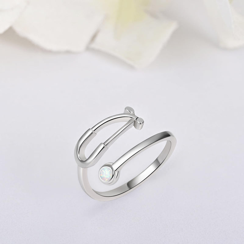 [Australia - AusPower] - Stethoscope Rings for Women Sterling Silver Adjustable Heartbeat Jewelry for Doctor Nurse Medical Student RN Nurse Gifts Opal 