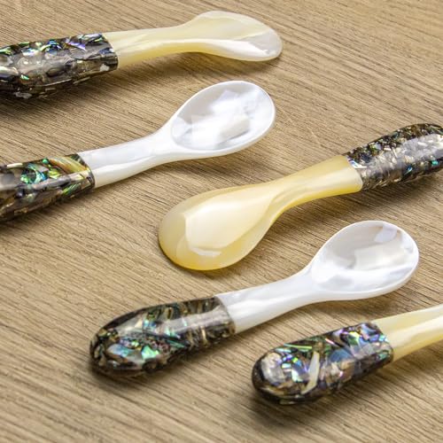 DUEBEL Set of 6 Caviar Spoons of Abalone Handle, 4" Mother of Pearl Spoons for Caviar Serving, Egg Serving, Catering Event Tableware, Restaurant Table Decor