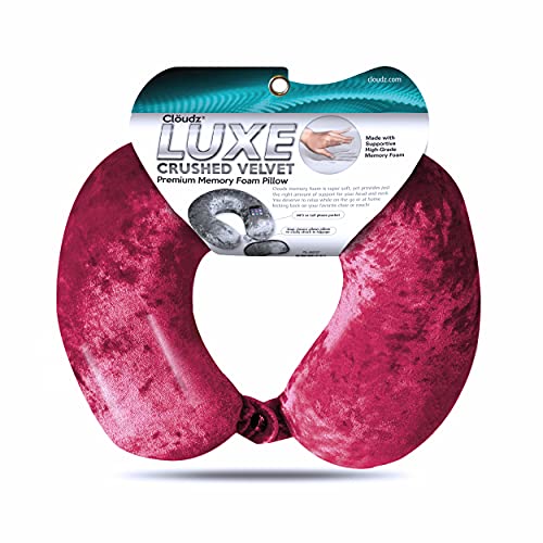 Cloudz Luxe Crushed Velvet Ultra Premium Comforlite Memory Foam Airplane Travel Neck Pillow with Matching Luxuriously Soft Black Out Sleep Mask - Deep Red