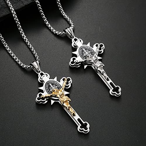Stainless Steel Saint St. Benedict Crucifix Cross Pendants Necklace INRI Religion Jewelry with Chain Silver Gold