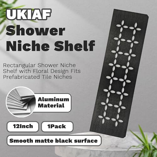 12 Inch Aluminum Brushed Black Shower Niche Shelf Rectangular Bathroom Niche Shelf with Floral Design Fits Prefabricated Tile Niches 1 Pack Aluminum Matte Brushed Black