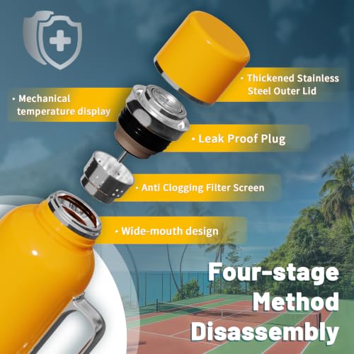 40 oz Insulated Water Bottle, Green Vacuum Stainless Steel Water Flask Jug with Handle & Metal Mechanical Temperature Measuring Cup Lid, Leakproof Travel Bottle Keep Cold 36h Hot 24h(Yellow) Yellow