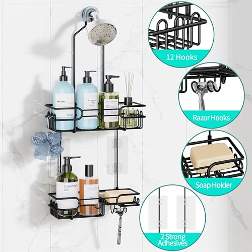 HapiRm Hanging Shower Caddy Organizer - Bathroom Organizer with 12 Hooks and Soap Holder, Rustproof Shower Shelf over Shower Head - Black