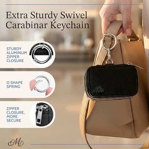 CMD Travel Jewelry Box Case Holder with Secure Keychain – Portable Ring Holder, Jewelry Organizer for Rings, Earrings, Necklaces, and Bracelets – Black Leather & Velvet, 2"D x 3.4"W x 1.75"H