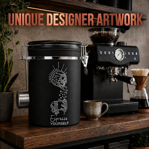 Large Coffee Canister – Airtight Stainless Steel Storage Container with Date Tracker & Scoop, Sealed Jar for Grounds, Beans, Tea, Flour, Cereal, and Sugar (Black Esspresso, 38OZ) Black Esspresso
