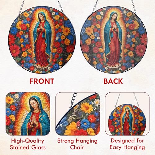 FLAGWIX Our Lady of Guadalupe Stained Glass Suncatcher, 8 in Red & Blue - Mother Mary