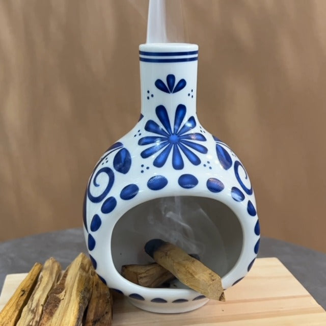 Ceramic Palo Santo Holder Chimney Burner, Cute Mini Chiminea Incense Cone Palo Santo Holder-blue and White