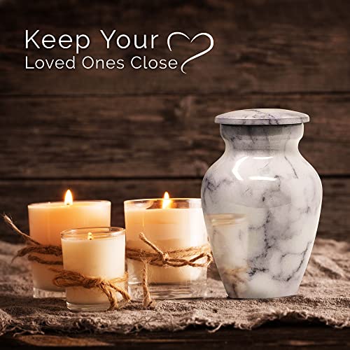 Set of 4 Elegant Marble Style Keepsake Urns – Metal Little Mini Urn for Human Ashes – Secure Screw Top – Small Personal Size – Carrara White Finish 4 Carrara White