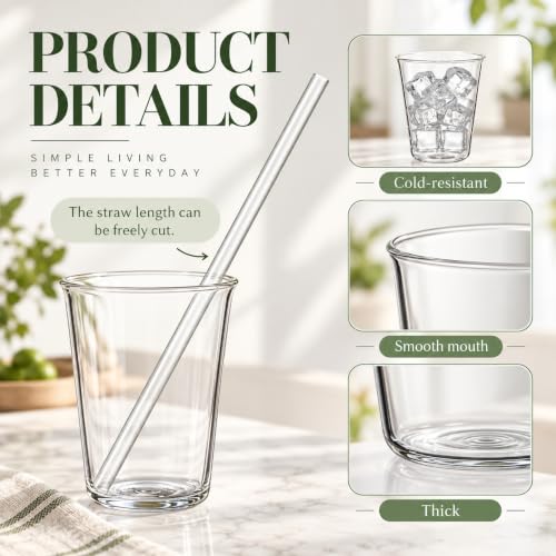 Set of 6 11.8 oz Clear Drinking Glass with Straws, 340 ml 11.8 Oz/ 340 ml