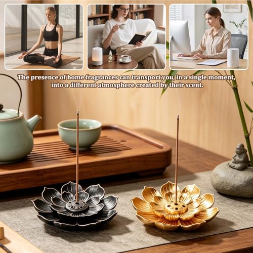 SYNTHORA Incense Holder 2 PCS Lotus Incense Burner with Ash Catcher, Alloy Stick Cone Coil Incense Holder for Home Fragrance, Meditation, Yoga, Office Decor