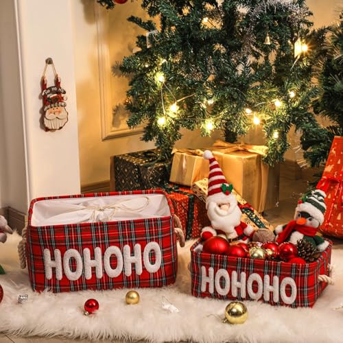 Christmas Baskets Gifts Baskets Empty Farmhouse Ornament Box Gift Storage Canvas Organizer Bin for Christmas Storage Organizing Xmas Gifts Baskets for Nursery/Living room, Kids Toy Chest, Large HOHOHO