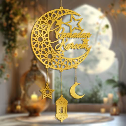 FUNCATCHER Ramadan Decorations for Home - 8.5x8.5 Inch Golden Acrylic Crescent Moon Hanging Ornaments, Islamic Eid Wall Door Decor (1, A) 1