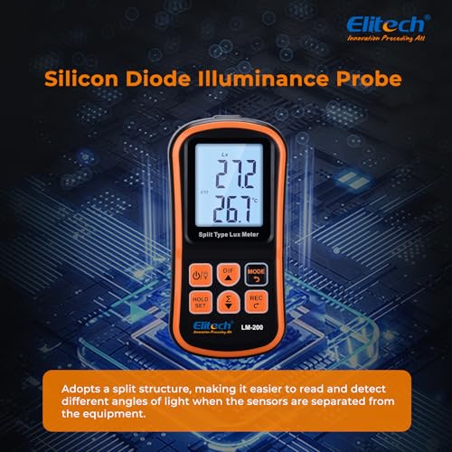 Elitech LM-200 digital light meter with LCD display, handheld illuminance sensor and temperature measurement controls