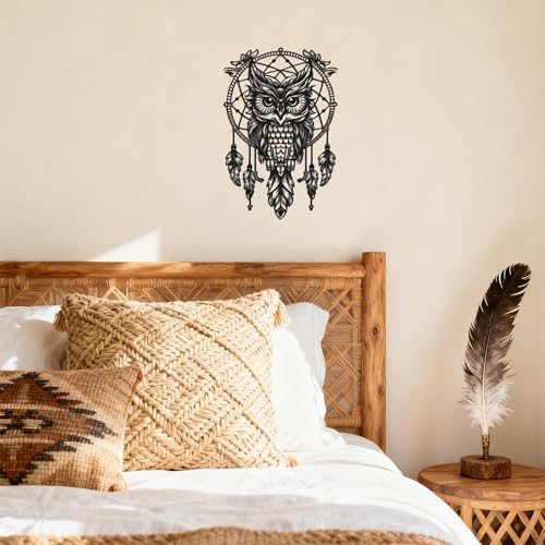 Matte Black Owl Dreamcatcher Metal Wall Art, Indian Boho Spiritual Decor