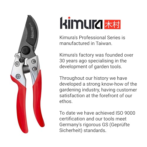 Kimura 8-inch bypass pruning shears with SK5 steel blades and non-slip PVC handles for garden cutting