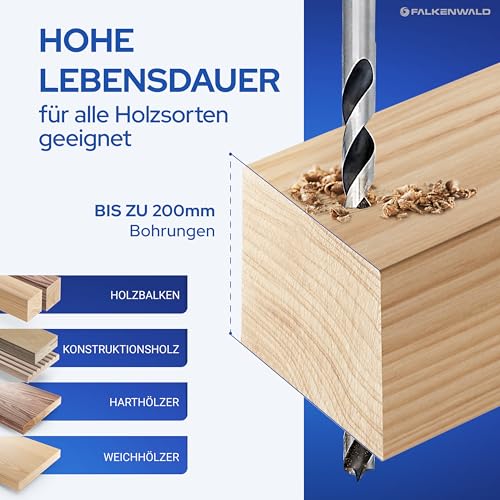 Falkenwald Wood Drill Bit Set Long 7 Pieces + Case - Long Wood Drill Bit for Precise Drilling in Soft and Hardwood - Auger Drill Bit Set - Spiral Drill Wood 7tlg - Holzbohrer Set