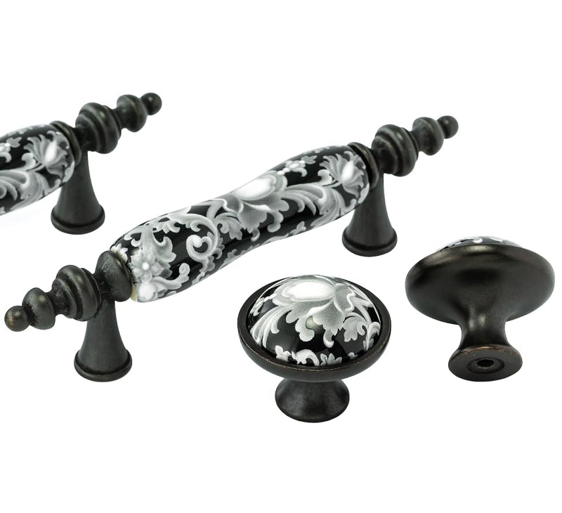 4 Pack 3" Ceramic Drawer Knob Black and White Rustic Dresser Drawer Pull Handle for Kitchen Cabinet Knob Furniture Hardware (4, 3"(76mm) Hole Centers) Pull handle - 3" hole centers 4