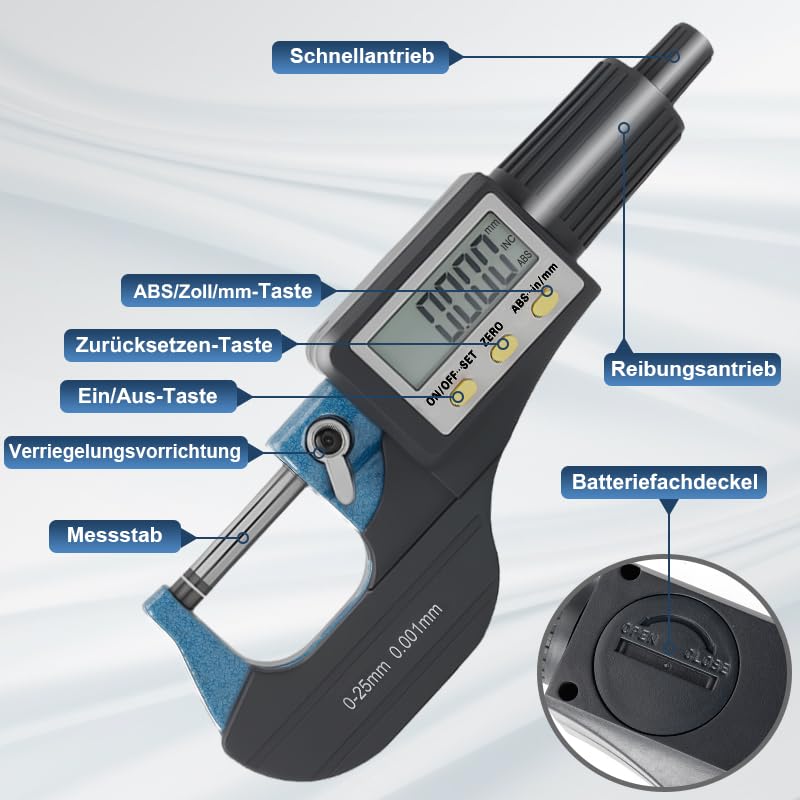 Beslands Digital Micrometer 0-1" / 0-25mm Electronic Display Gauge 0.00004" / 0.001mm Thickness Measuring Inch/Metric Diameter Caliper (with Extra Battery) 0-25 mm