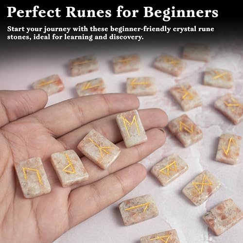 Crocon Sunstone Rune Stones Set 25 pcs Rectangle Shape with Elder Futhark #02 Sunstone Rune