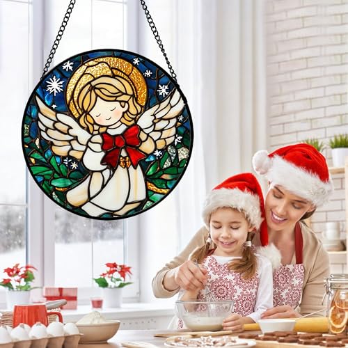 Stained Glass Window Hanging Jesus Cute Angel 6.3" - White Angel Suncatcher Door Garden Sun Catcher Home Decor Birthday Christmas for Mom Men Woman Nana Friend Girl 6.3x6.3 IN