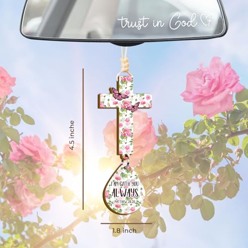 Christian Floral Cross Car Hanging Ornament – “I Am With You Always” Matthew 28:20 – Rearview Mirror Faith Gift for Women, Butterfly Rose Design, Scripture Card & Gift Box, Drive Safe Blessing Décor Cross Rose