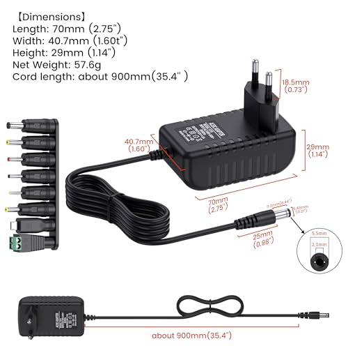 Mugust AC Adapter 12 V 2 A Power Supply AC 220 V to DC12 V 500 mA 1000 mA 1500 mA 2000 mA Power Driver 5.5 mm with 8 DC Plug Adapters Inverter Charger Transformer AC-DC Adapter (12V/2A) 12V/2A