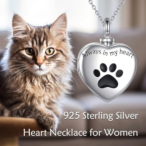 VONALA Pet Urn Necklace 925 Sterling Silver Pet Memorial Gift with Photo Inside Dog/Cat Cremation Jewellery Keepsake Heart-Shaped Pendant Urn Necklaces for Dog Cat Lover Women Men