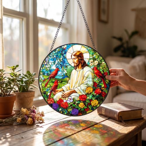 Rngmsi Cardinal Suncatcher Gifts, Christian Stained Glass Window Hanging