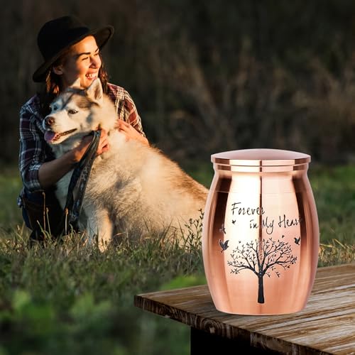 Personalized Small Pet Urn for Ashes - Waterproof Cremation Keepsake Stainless Steel Memorial Urn with Tree Patterns and Text for Ashes Holder Memorial Dog Cat Funeral Decorative (Rose Gold) Rose Gold