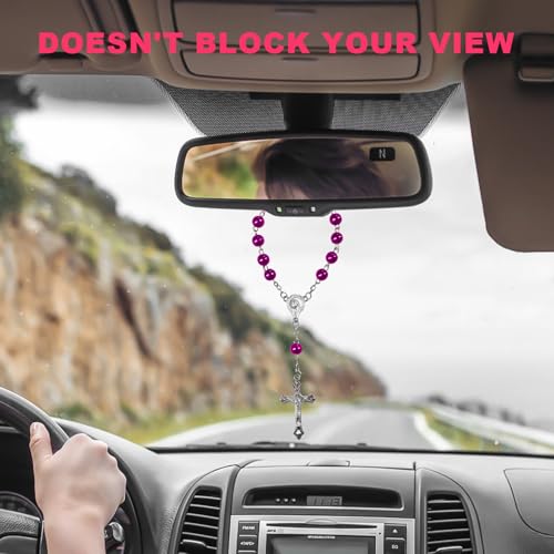 2 PCS Rosary for Rearview Mirror, Religious Cross Bead & Medal Car Rear View Mirror Hanging Ornament, Personalized Rosary Pendant Christian Auto Decoration for Women Men (Purple) Purple