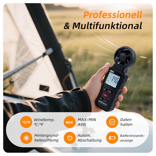 Digital Wind Gauge Anemometer Handheld 3 in 1 Wind Meter with Wind Speed, Temperature & Windchill Measurement, Beaufort Scale 1-12, 5 Units, MAX/MIN/AVG, for HVAC/Drone/Outdoor
