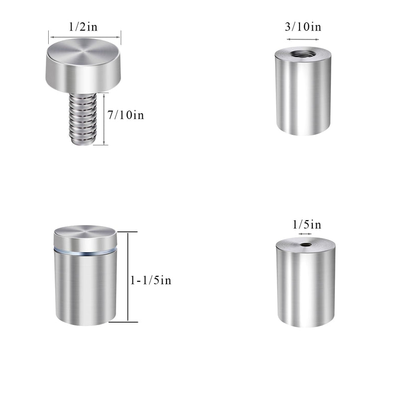 [Australia - AusPower] - 1/2” Dia x 1 1/5” L Standoffs Screws for Acrylic, Silver Sign Standoff Wall Mounts Hardware 16 Pack, Stainless Steel Stand Off Holder for Glass Board and Signage 1/2" x 1-1/5" 