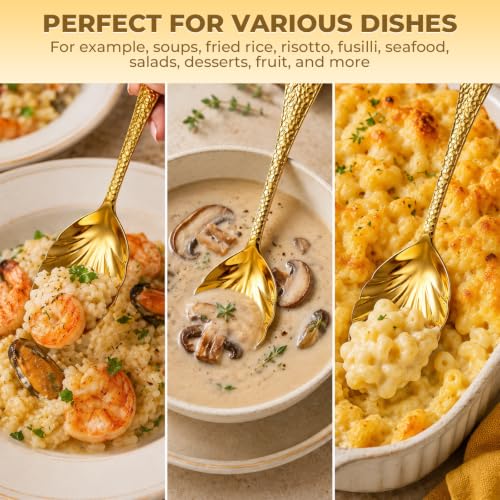 6 Pcs Shell Shape Serving Spoons, 9" Gold Serving Utensils, 304 Stainless Steel Serving Spoon for Buffet, Large Scalloped Spoon with Hammered Long Handle for Kitchen Restaurant Theme Party