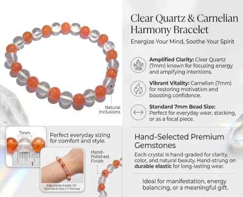 Clear Quartz Carnelian Beaded Bracelet Crystal Healing Fashion Jewelry Men Women Gift Positive Energy Wellness Gemstone