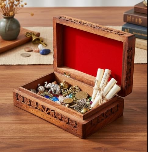 Handmade wooden jewelry and keepsake box with triquetra design, decorative storage box measuring 8 x 5 inches by The Great Indian Bazaar.