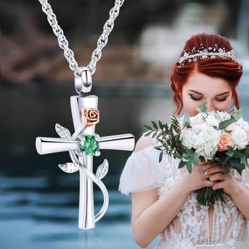 Cross Urn Necklace for Ashes Birthstone Rose Flower Cremation Jewelry for Women Gilrs Keepsake Memorial Ashes Pendant Silver-Green