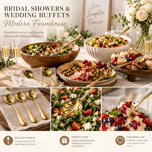 Serving Spoons 4Pack, 18/10 Stainless Steel Large Serving Spoons Set, Hammered Long Handle Serving Spoons for Buffet, Scalloped Design Serving Utensils for Kitchen Party Buffet Banquet (Gold) Gold