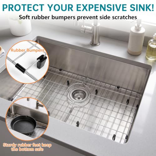 SOVYEN detachable kitchen sink rack measuring 26x14 inches, designed as a bottom sink grid for cabinet organization and protection.