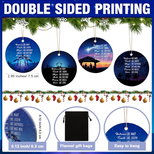 Syhood 4 Sets Christmas Nativity Ornaments 2025 Religious Nativity Scene Christmas Ornaments Ceramic Christian Bible Verse Hanging Decorations Jesus Gifts Keepsakes with Flannel Gift Bag for Xmas Tree