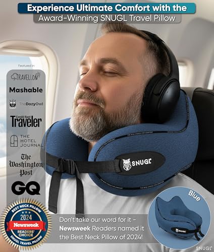 SNUGL Travel Pillow – Memory Foam Pillows - Neck Pillow for Airplane with Carry Bag & Clip – Neck Support Pillows for Pain Relief - Airplane Travel Essentials Adult Regular Blue