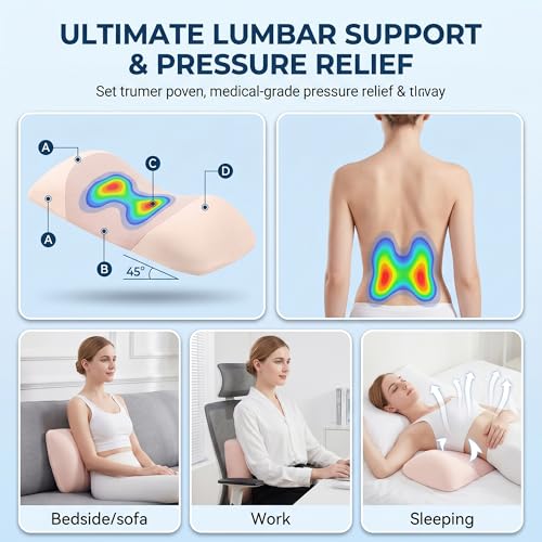 Lumbar Support Pillow for Sleeping,Premium Memory Foam Lower Back Pain Relief Bed Rest Support Pillows for Car Bed,Couch,Waist Support Care Cushion,Sleep Lumbar Pillow (Light Pink) Light Pink