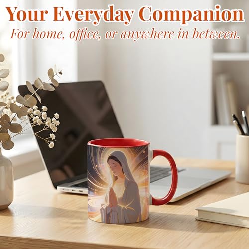 Virgin Mary Ceramic Mug, Glowing Light Abstract Coffee Mug with Praying Blessed Mother Illustration Design, Christian Faith Spiritual Drinkware for Prayer Reflection Home Kitchen Daily Use Red