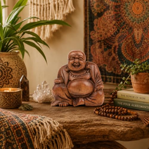 Laughing Buddha Statue Wooden Hand Carved Buddha Ornament – Sustainable Bali Wood Figure – Feng Shui Prosperity Buddha – Spiritual Meditation Gift – 11.5cm x 12cm