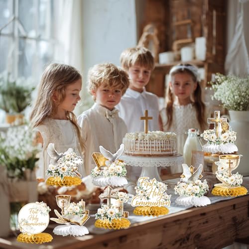 First Holy Communion Honeycomb Centerpieces, Baptism Decorations, God Bless Religious Table Centerpiece, First Communion Table Decor, Baptism Christening Baby Shower Birthday Party Decorations 9PCS