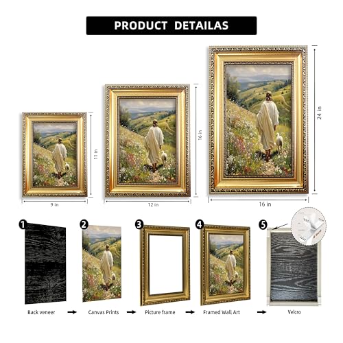 Jesus and Lamb Framed Canvas Wall Art Good Shepherd Lost Sheep12x16in Jesus Sheep Framed 16"L x 12"W