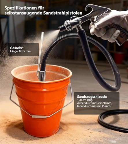 Sandblasting Gun Compressed Air Set, Sand Blasting Devices with Long Nozzle, 5 mm/6 mm Calibre, Suction Conveyor, 1 M Rubber Hose, Air Intake Connection, Degreaser and Blasting Agent for Surface Treatment