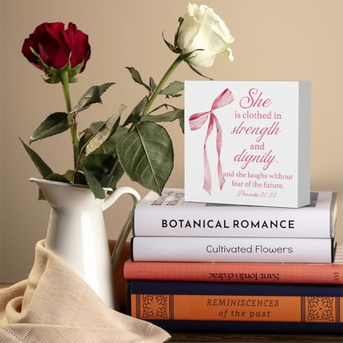 Pink Christian Bible Verse Decor, Pink Coquette Bow Room Decor, Christian Gifts for Women, Wooden Box Decor for Home Bedroom Girls Dorm Apartment-She is Clothed in Strength and Dignity Proverbs 31: 25