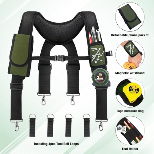 Lovligt green tool belt suspenders with adjustable straps and tool holsters for men