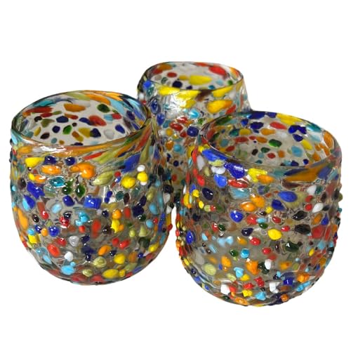 Artisanal Mexican Confetti Glass, Handblown 16 oz Tumbler Glasses – 4"x4" Multicolor Granizado Design – Versatile Drinkware for Wine, Cocktails, Water, and More (2, Textured) 2