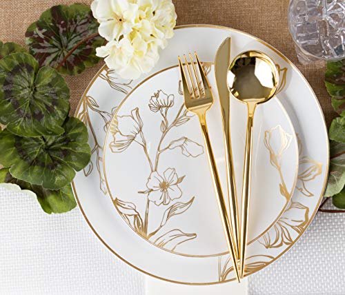 PlasticPRO luxury gold disposable flatware set, 80-piece combo for 16, includes modern forks, knives, spoons for elegant dining.